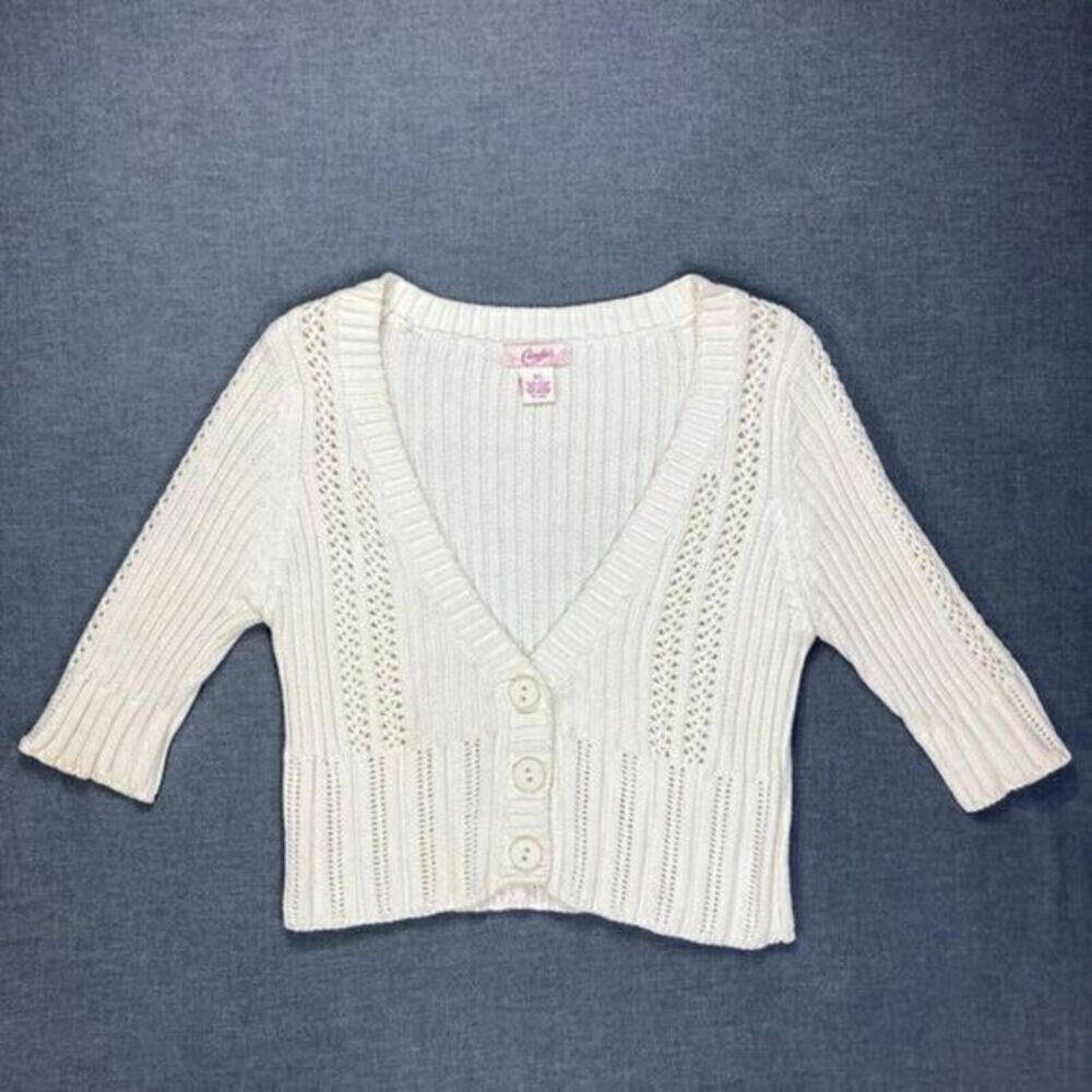 Candie's Pointelle Ribbed Knit Crop Cardigan Girls Sz XL Cream Y2K Coquette Chic